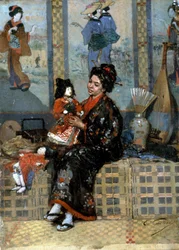 De nieuwe pop. Vrouw in kimono met een porseleinen pop (of marionet). Invloed van Japan en het Verre Oosten op de Europese impressionistische schilderkunst. Schilderij van Edouard Castres (1838-1902)