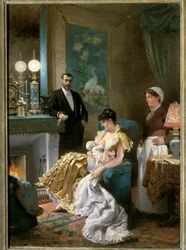 Voor het bal. Een moeder in avondjurk voedt haar baby aan de borst voordat zij met haar man uitgaat en de baby bij de dienstmeid achterlaat. Schilderij van Édouard Debat-Ponsan (1847-1913). 1886. Museum voor Schone Kunsten, Tours