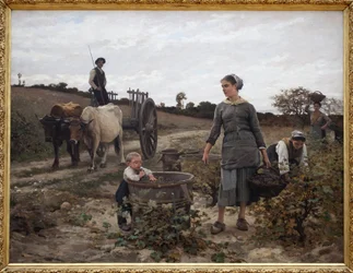 Hoek van de wijngaard; Languedoc. Plattelandsscène met een man op een kar, vrouwen die druiven plukken en een kind dat de geoogste vruchten eet. Schilderij door Edouard Debat Ponsan