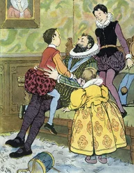 Koning van Frankrijk Henri IV spelend met zijn kinderen (1553-1610) Illustratie door Edouard Zier in “Nos-Gloriers-Nationales” 1920 Privécollectie