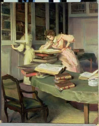 Elegante Vrouwen in een Bibliotheek