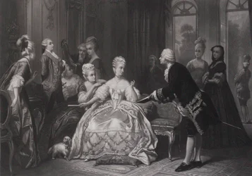 Christoph Willibald Gluck overhandigt Koningin Marie Antoinette de partituur van de opera..., in Trianon