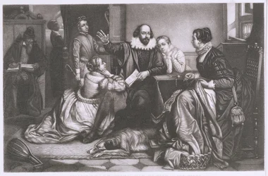Shakespeare met zijn familie, in Stratford, reciteert de tragedie Hamlet