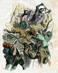 Illustratie door Edouard Frere (1797-1874) en Theodore Lix (1830-1897) voor "" Ivanhoe" van Walter Scott (1771-1832), Schots schrijver: Gevechtsscène, kasteelbelegering.