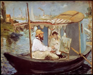Claude Monet schilderend in zijn studioboot