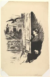 Hier Opende Ik de Luiken. Illustratie bij De Raaf door Edgar Allan Poe, 1875