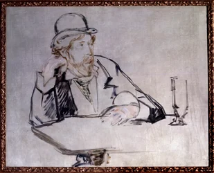 Portret van de Ierse romanschrijver Georges Moore (1852-1933) in het café