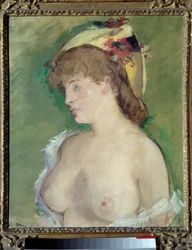 De blonde met ontbloot bovenlijf