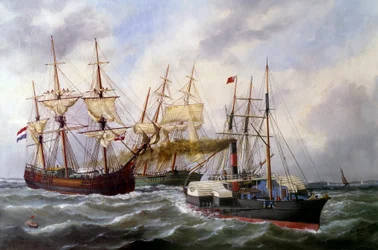 Twee driemasters gesleept door Le Neptune in Le Havre in 1882