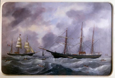 Schepen vissen op de bank van Newfoundland in 1885. Aquarel door Edouard Adam. 1885. Parijs, Musée de la Marine