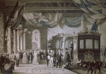 Koningin Victoria en Prins Albert arriveren op Gosport Station, Hampshire, gegraveerd door Bayot & Cuvilier, 1846