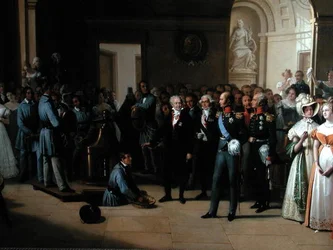Tsaar Alexander I (1777-1825) bezoekt het Parijs Hotel de La Monnaie op 25 mei 1814