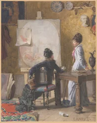 Adéle de Saussure en Marie-Louise Ravel, de vrouw van de kunstenaar, in zijn atelier