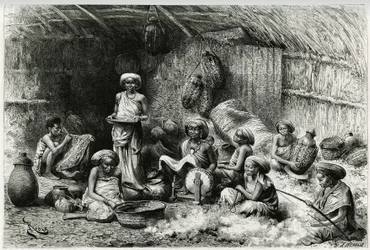 Een middag bij de favoriet van de sjeik van de Gobrons, vrouwenactiviteiten: borduren en wol spinnen, vlechten en pottenbakken. Gravure door Riou, ter illustratie van het verhaal 