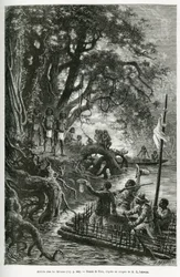 Aankomst van het vlot van Dr. Crevaux en E. Lejeanne, aan de oevers van het dorp Mitouas. Gravure door Riou, ter illustratie van de ontdekkingsreis door Nieuw-Granada en Venezuela, door Dr. Crevaux, arts eerste klas van de marine en E. Lejeanne