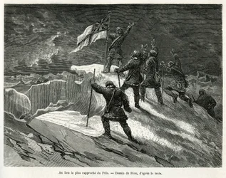 Kapitein George Strong Nares (1831-1915) plantte de Britse vlag op de plaats het dichtst bij de pool, tekening door Riou, ter illustratie van het verhaal van een reis naar de poolzee in 1875-1876, door kapitein G.S. Nares. Gravure in 