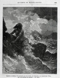 Dantès ontsnapt zwemmend - Gravure door Riou, in 