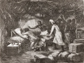 Dood van Dr. Livingstone in het dorp Tchitammbo, Afrika, in 1873, illustratie uit 