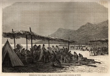 Voedseluitdeling in Keauhou, na de aardbeving en vulkaanuitbarsting van 1868, voor de slachtoffers van de ramp, gravure naar de tekening van E. Riou, ter illustratie van de reis naar de Sandwich-eilanden, in 1855-1869, door C. de Varigny, gepubliceerd in 