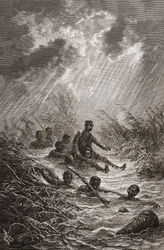 Dr. David Livingstone gedragen door dragers door een moeras tijdens zijn expeditie naar Afrika in 1872, illustratie uit 