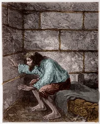 Edmond Dantès, ook bekend als de graaf van Monte Cristo (Monte Cristo), in zijn gevangenis - Gravure van Riou, in 