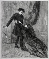 Edmond Dantès en Mercedes - Gravure van Riou, in „De graaf van Monte Cristo” (Monte-Cristo) van Alexandre Dumas père (1802-1870), uitg. Jules Rouff & Cie
