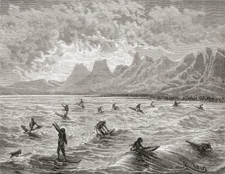 Hawaïanen die surfen, illustratie uit „De wereld in handen”, gegraveerd door Charles Barbant (overl. 1922), gepubliceerd in 1878