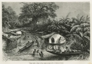 Overstroomde dorpen, tekening door Riou, ter illustratie van het verhaal van een reis naar Gabon en de Ogoue-rivier in 1875-1877, door Alfred Marche. Gravure in 