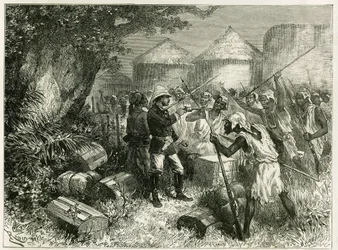 Luitenant Valliere verdedigt zich tegen de inwoners van Sibi (of Siby), een Mandingo-dorp in Hoog-Niger (het huidige Mali), waarvan de inwoners zeer verontrust waren door de komst van het verkenningsdetachement. Gravure door Riou, gebaseerd op een schets v