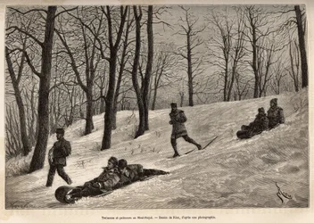 Sleeën en schaatsers op het plateau van Mont-Royal, nabij Montreal, gravure naar een tekening van Riou, ter illustratie van de excursie naar Canada en de Riviere Rouge du nord, door H. De Lamotte, 1873, gepubliceerd in 