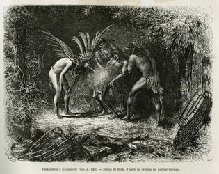 Medische fumigatie met sigaretten bij de Roucouyan-indianen. Gravure door Riou, ter illustratie van het verhaal van Cayenne aux Andes, door Jules Crevaux, arts van de Franse marine, in 1878-1879, gepubliceerd in 