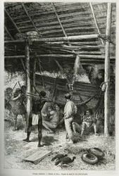 Ochtendaanval op de hut van de ontdekkingsreiziger door Indianen van de oevers van de Amazone. Gravure door Riou, ter illustratie van het verhaal van Cayenne naar de Andes, door Jules Crevaux, arts van de Franse marine, 1878-1879, gepubliceerd in 
