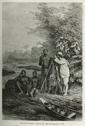 Waarneming met de theodoliet: dr. Crevaux met zijn meetinstrumenten en zijn team van gidsen en dragers tijdens een volledige werksessie. Gravure naar een tekening van Riou ter illustratie van het verhaal De Cayenne aux Andes van Jules Crevaux, arts bij de