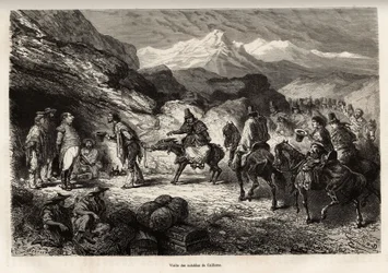 P.Marcoy vindt een vriend, die kolonel van genie en post werd in een grot nabij het meer van Cailloma, samen ontvangen ze het bezoek van de notabelen van de stad, geëtst naar een tekening van E.Riou, ter illustratie van de reis in de bergen, de Huarancalqu