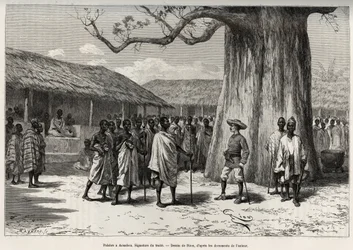 Palabre in Aouabou (Ivoorkust). Ondertekening van de handelsdeal aan het hof van Anno, met een portret van de auteur. Gravure door Riou, ter illustratie van het verhaal 