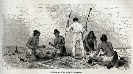 Paul Marcoy leerde een tapijt maken met de weduwen van Sarayacu (Peru)