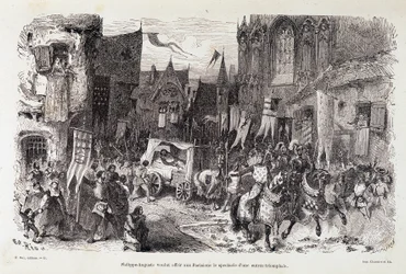 Filips August wilde de Parijzenaars het spektakel van een triomfantelijk vertrek bieden. sd. 12e eeuw
