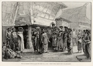 Oorsieraden spelend met Batak meisjes, etnische groep van Noord-Sumatra. Gravure door Riou.