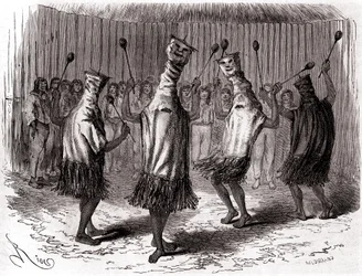 Rituele dans van de Ticuna-indianen van Peru met vermommingen en maskers