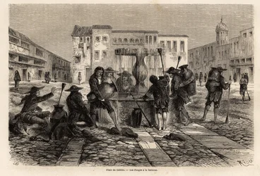 De Pongos, Indianen onderworpen aan slavernij, bij de fontein, op het plein van het cabildo, in Cuzco, tekening door Riou, ter illustratie van de reis door Zuid-Amerika, van 1848 tot 1860 door Paul Marcoy. Gravure in 