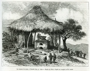 De suikerbakoven, in Panche (Colombia), illustratie van het verhaal van Equinoxiale Amerika (Colombia, Ecuador, Peru), in 1875-1876, door Ed. Andre, reiziger missie belast door de Franse regering. Gravure in Le tour du monde