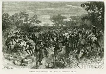 Het kamp overvallen door de indianen. Gravure door Riou, ter illustratie van het verhaal 