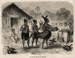 De viering van het kerstfeest in Sarayacu (Peru), de kerstkoningin draagt het kindje Jezus in een mand, en vergezeld door twee volgelingen, presenteert ze het kind aan alle huizen van het dorp, tekening door Riou, ter illustratie van Paul Marcoy