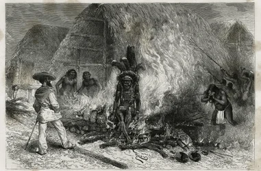 De crematie van een Roucouyenne (of wayana), stam die langs de Mana- en Maroni-rivieren leeft, tegenover de brandstapel, Dr. Crevaux, gravure door Riou, ter illustratie van de ontdekkingsreis in het binnenland van Guyana door Dr. Jules Crevaux, arts van de