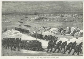 Het vertrek van de Alert-sleden, schip van de poolexpeditie, tekening door Riou, ter illustratie van het verhaal van een reis naar de poolzee in 1875-1876, door kapitein G.S. Nares. Gravure in Le tour du monde.