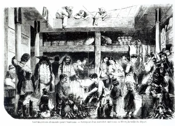 De avond voor vertrek naar Amerika - Duitse emigranten vertrekken naar de VS in het tussendek van een Amerikaanse lijnboot in de haven van Le Havre, c.1850