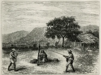De vervaardiging van de cabuya, touw van Fourcroya, nabij Cartago (Colombia), gravure door Riou, ter illustratie van het verhaal van Equinoxiale Amerika door E. Andre, missieopdracht door de Franse regering, gepubliceerd in de Tour du monde, onder leiding 