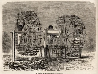 De molen om suikerriet te malen van Sarayacu (Peru), tekening door Riou, ter illustratie van Paul Marcoy