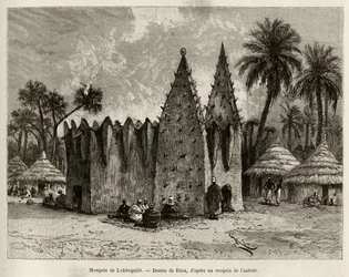 De moskee van Lokhognile (Golf van Guinee). Gravure door Riou, ter illustratie van het verhaal 