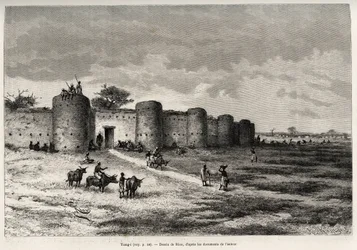 De stad Tiong-Gi (Tiong Gi, Mali), met zijn vestingwerken en kleitorens. Gravure door Riou, ter illustratie van het verhaal 